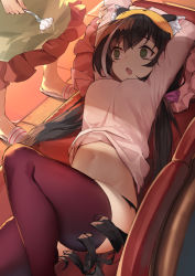  2girls amagasa_yun animal_ear_fluff black_hair black_panties breasts caterpillar couch fang fork green_eyes hair_ribbon highres karyl_(princess_connect!) larva long_hair low_twintails lying medium_breasts multicolored_hair multiple_girls navel on_back on_couch open_mouth pajamas panties pecorine_(princess_connect!) pillow princess_connect! purple_ribbon red_legwear ribbon shadow solo_focus streaked_hair thighhighs twintails underwear white_hair  rating:Sensitive score:26 user:danbooru