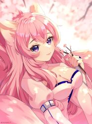  absurdres aizuke_(vtuber) animal_ears branch breasts cherry_blossoms cleavage cleavage_cutout closed_mouth clothing_cutout crossed_bangs dress eyelashes fox_ears fox_girl fox_tail highres holding holding_branch indie_virtual_youtuber kitsune large_breasts long_hair multiple_tails pink_hair purple_eyes shadow skyvee_(artist) tail twitter_username virtual_youtuber white_dress 