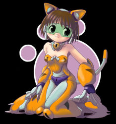  animal_ears bell blush brown_hair claws formal mecha n3o2 robot solo suit tail visor 
