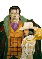  1boy 1girl absurdres ascot black_hair cigar coat commentary cowboy_hat crocodile_(one_piece) earrings english_commentary fur-trimmed_coat fur_trim hair_slicked_back hat highres hook_hand jewelry long_sleeves looking_at_viewer looking_back looking_to_the_side loose_hair_strand nico_robin nirelle_art one_piece purple_ascot simple_background single_earring stitched_face stitches waistcoat white_background white_coat white_hat 