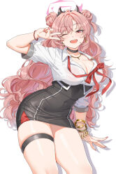  1girl ;d black_choker black_skirt blue_archive bow bowtie bracelet breasts choker cleavage cowboy_shot demon_horns double_bun fake_horns fangxiang_cuoluan gyaru hair_bun halo highres horns jewelry kirara_(blue_archive) large_breasts long_hair necklace one_eye_closed open_mouth pink_eyes pink_hair pink_halo red_bow red_bowtie ring shirt skirt smile solo thigh_strap thighs v very_long_hair wavy_hair white_shirt 