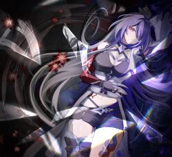  1girl absurdres acheron_(honkai:_star_rail) armor artist_logo bandaged_leg bandages belt black_belt black_choker black_shirt black_shorts boots breasts broken_glass chain chain_around_arm choker chromatic_aberration cleavage closed_mouth coat coattails collarbone criss-cross_halter crop_top diamond-shaped_pupils diamond_(shape) elbow_gloves eyes_visible_through_hair flower glass gloves gradient_eyes gradient_hair hair_intakes hair_over_one_eye halterneck hand_on_own_stomach hand_up highres honkai:_star_rail honkai_(series) knees_out_of_frame large_breasts leg_tattoo long_hair looking_at_viewer lying midriff multicolored_eyes multicolored_hair navel on_back purple_eyes purple_hair red_eyes red_flower reflection shirt shorts shoulder_armor single_bare_shoulder single_elbow_glove single_thigh_boot single_wide_sleeve solo streaked_hair symbol-shaped_pupils tattoo thigh_boots thighs very_long_hair white_coat white_hair zhaoluoyu 