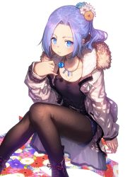 1girl absurdres belt black_legwear blue_eyes blue_hair blue_shorts boots borrowed_character breasts candy cleavage coat commentary_request commission fingernails flower food forehead fur_trim hair_flower hair_ornament highres jewelry knees_together_feet_apart legwear_under_shorts lollipop long_hair looking_at_viewer minah_(chaesu) nakanishi_tatsuya necklace open_clothes open_coat original pantyhose pinky_out ponytail shorts sitting skeb_commission solo white_coat