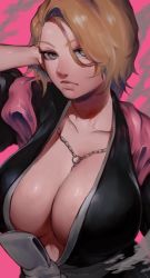 1girl adjusting_hair bleach blonde_hair blue_eyes breasts cleavage closed_mouth hair_over_one_eye haori highres ibuo_(ibukht1015) japanese_clothes large_breasts looking_at_viewer matsumoto_rangiku mole mole_under_mouth no_bra open_clothes pink_background pink_scarf scarf short_hair taichou_haori veins veiny_breasts rating:Sensitive score:72 user:danbooru