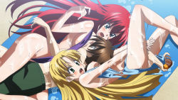  10s 1boy 2girls asia_argento beach bikini breast_smother breasts girl_sandwich groping high_school_dxd highres hyoudou_issei large_breasts long_hair lotion multiple_girls rias_gremory sandwiched screencap slipping sunscreen swimsuit towel  rating:Questionable score:49 user:mikewito