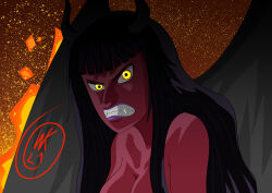  1girl absurdres alternate_form black_hair black_horns black_wings blunt_bangs clenched_teeth colored_skin commentary demon_girl english_commentary fangs fire hana_hana_no_mi highres horns long_hair nico_robin one_piece purple_lips red_skin signature solo teeth upper_body wadkab21 wings yellow_eyes 
