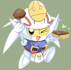  :3 brown_eyes food full_body green_background gundam lets0020 looking_at_viewer mecha one_eye_closed open_mouth robot sd_gundam simple_background solo takechamaru takoyaki 