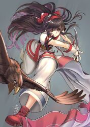  1girl ainu_clothes artist_name breasts brown_eyes brown_hair fingerless_gloves gloves hair_ribbon highres leaning_forward legs long_hair looking_at_viewer mamahaha nakoruru pants ribbon running samurai_spirits serious small_breasts snk solo the_king_of_fighters thighs weapon 