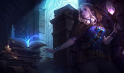 1girl armlet belt blonde_hair blue_eyes book bookshelf bracelet candle capelet grimoire hat hood jewelry league_of_legends lux_(league_of_legends) magic official_art official_wallpaper pouch sash scroll sneaking solo spellthief_lux stained_glass vial wand witch_hat rating:Sensitive score:11 user:danbooru