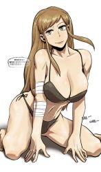 1girl bikini black_bikini breasts brown_eyes brown_hair cleavage female_focus geukji_high huh_il korean_text large_breasts leaning_forward long_hair looking_at_viewer sitting smile solo special_martial_arts_extreme_hell_private_high_school swimsuit webtoon  rating:Questionable score:16 user:danbooru