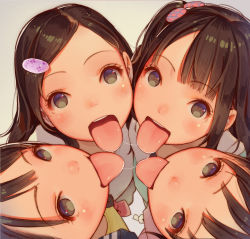 4girls black_hair blush female_focus from_above hair_ornament hairclip highres loli long_hair looking_at_viewer looking_up muk_(monsieur) multiple_girls original saliva saliva_trail sexually_suggestive short_hair sidelocks tongue tongue_out rating:Questionable score:1346 user:Dweenie