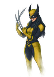  1girl absurdres black_hair bodysuit chlorenology claws commentary english_commentary gloves highres laura_kinney long_hair marvel mask simple_background solo superhero_costume teeth two-tone_bodysuit western_comics_(style) wolverine_(x-men) x-men 