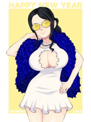  1girl artist_name cleavage_cutout clothing_cutout cowboy_shot female_focus hand_on_own_hip happy_new_year highres hiyozuki legs_together lips looking_at_viewer new_year nico_robin nose one_piece pale_skin solo standing tagme tinted_eyewear yellow-tinted_eyewear yellow_background  rating:General score:7 user:Alejandro_09