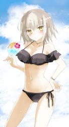 1girl ahoge bare_arms bare_shoulders bikini black_bikini blush breasts cleavage cloud commentary_request day drinking_straw fate/grand_order fate_(series) hair_between_eyes holding jeanne_d&#039;arc_alter_(swimsuit_berserker)_(fate) jeanne_d&#039;arc_(fate) jeanne_d&#039;arc_alter_(avenger)_(fate) jeanne_d&#039;arc_alter_(fate) jewelry large_breasts lieco looking_at_viewer navel necklace outdoors short_hair sky solo swimsuit yellow_eyes