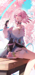  1girl absurdres archery_shooting_glove black_choker black_corset black_gloves blue_jacket blue_skirt bra_strap breasts buttons camera choker chromatic_aberration commentary corset dango dress_shirt earrings flower_ornament food food_on_face gloves gradient_jacket hand_up highres holding holding_food honkai:_star_rail honkai_(series) jacket jewelry long_sleeves looking_up march_7th_(honkai:_star_rail) medium_breasts medium_hair miniskirt open_mouth partially_fingerless_gloves pink_eyes pink_hair pink_jacket pink_pupils pleated_skirt shirt single_earring sitting skirt solo symbol-only_commentary thigh_strap tied_jacket underbust wagashi white_shirt yuminamia 