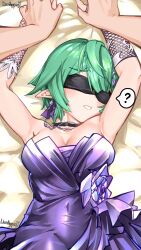  1girl ? action_taimanin armpits black_blindfold black_choker blindfold blush breasts choker collarbone demon_girl dress earrings frown green_hair highres jewelry lei_si_te lying medium_breasts navel necklace noah_brown on_back open_mouth pointy_ears purple_dress short_hair taimanin_(series) upright_restraints 