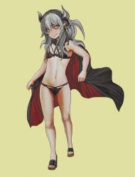 1girl aruman bad_id bad_pixiv_id black_bra black_cape black_panties black_sclera bra breasts cameltoe cape colored_sclera fang female_focus full_body grey_hair hairband highres horns lingerie loli looking_at_viewer navel orange_eyes original panties pointy_ears sandals shiny_skin simple_background small_breasts smile solo standing underwear vampire yellow_background yellow_footwear rating:Questionable score:15 user:AngryZapdos