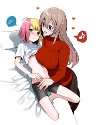  1boy 1girl age_difference ahoge bad_id bad_twitter_id barefoot bike_shorts blonde_hair blue_eyes blush breasts brown_hair erubo green_eyes heart hetero large_breasts long_hair midriff mole mole_under_mouth multicolored_hair musical_note on_bed onee-shota original pink_hair quaver ribbed_sweater short_hair shota split-color_hair spoken_heart spoken_musical_note spoken_sweatdrop sweatdrop sweater theodor_bachstein trap two-tone_hair  rating:Questionable score:65 user:danbooru