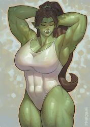  1girl adjusting_hair armpits arms_up artist_name breasts brown_hair cleavage closed_eyes collarbone colored_skin covered_abs female_orc fraeya_(m4rjinn) freckles green_skin hands_in_hair highres huge_breasts leotard long_hair m4rjinn mole mole_on_breast muscular muscular_female orc original pointy_ears ponytail scar scar_on_face scar_on_forehead scar_on_nose solo tusks very_long_hair white_leotard 