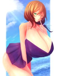  1girl absurdres bare_shoulders bow breasts brown_hair cleavage dress dutch_angle female_focus genshin_impact green_eyes half-closed_eyes highres huge_breasts ituki_gi leaning_back lisa_(genshin_impact) medium_hair ocean one_eye_closed purple_dress sky solo sun thick_thighs thighs water wet white_bow wink 