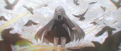  1girl :d absurdres bird black_bow black_bowtie black_capelet black_dress blunt_ends blunt_sidelocks blurry blurry_foreground blush bow bowtie caede capelet chromatic_aberration cloud cloudy_sky crow dress falling_feathers feathers floating_hair glitch grey_eyes grey_hair hair_ornament hair_over_one_eye highres instrument_hair_ornament lens_flare long_hair long_sleeves looking_at_viewer noir_(noworld) noworld open_mouth sky smile solo teeth upper_teeth_only very_long_hair virtual_youtuber 