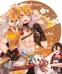  2boys ^_^ abs animal bandages belt black_gloves black_hair black_jacket black_sleeves blonde_hair blue_eyes blush character_request clenched_hand closed_eyes collar commentary_request dog earrings eiji_(shironeko_project) fangs gloves hand_on_own_hip heterochromia highres holding holding_animal holding_dog hood hood_down jacket jewelry male_focus multiple_boys necklace open_clothes open_jacket open_mouth osippo red_belt scar scar_across_eye shiba_inu shironeko_project shirt short_sleeves single_earring spiked_hair white_shirt yellow_eyes 