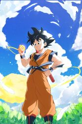  1boy ankle_boots aonano_db backlighting black_eyes black_footwear black_hair blue_sash blue_sky blue_wristband blurry blurry_foreground boots clenched_hand closed_mouth clothes_lift cloud cloudy_sky cumulonimbus_cloud day dougi dragon_ball dragon_ball_(classic) dragon_ball_(object) dragonball_z facing_viewer feathers feet_out_of_frame fingernails flying_nimbus forest glowing grass hand_on_own_hip happy highres holding holding_dragon_ball leaf light_particles looking_at_object looking_down male_focus messy_hair muscular muscular_male nature obi orange_pants outdoors pants pectorals rope ruyi_jingu_bang sash sheath sheathed short_sleeves sky smile son_goku spiked_hair standing sunlight tareme tree undershirt weapon white_feathers wind wind_lift wristband 