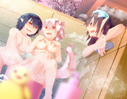  3girls bath breasts fang highres multiple_girls nanibeya nipples nude pointy_ears pussy red_eyes tail taira_(nanibeya) uncensored wet 