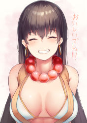 1girl absurdres arms_behind_back bead_necklace beads bikini bikini_top_only black_hair borushichi breasts earrings closed_eyes fate/grand_order fate_(series) grin highres hoop_earrings jewelry large_breasts necklace smile solo swimsuit xuangzang_sanzang_(fate) rating:Sensitive score:9 user:danbooru