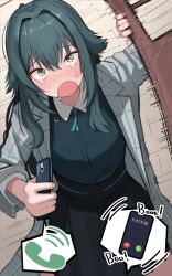  1girl antenna_hair black_skirt cellphone coat collared_coat collared_shirt commentary crying crying_with_eyes_open d: gakuen_idolmaster green_eyes green_hair green_shirt grey_coat hair_intakes highres holding holding_phone idolmaster indoors long_hair looking_at_viewer motion_lines open_mouth opening_door phone shiriko shirt shirt_tucked_in sidelocks skirt sliding_doors smartphone solo sound_effects tears tsukimura_temari very_long_hair 