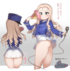  1girl ass atte_nanakusa bc_freedom_(emblem) bc_freedom_military_uniform bc_freedom_school_uniform blonde_hair blue_headwear blue_jacket blue_vest blush buttons closed_mouth commentary_request dress_shirt drill_hair emblem folding_fan from_behind from_below ft-17 girls_und_panzer green_eyes hand_fan high_collar highres holding holding_fan jacket long_hair looking_at_viewer marie_(girls_und_panzer) medium_hair military military_vehicle motor_vehicle multiple_views school_uniform shirt simple_background smile standing tank translated vest  rating:Sensitive score:156 user:danbooru