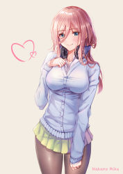  1girl absurdres black_pantyhose blue_cardigan blue_eyes blush breasts brown_hair cardigan character_name closed_mouth collarbone commentary_request go-toubun_no_hanayome green_skirt hair_between_eyes hand_on_own_chest headphones headphones_around_neck highres large_breasts legs long_sleeves looking_at_viewer ltt_challenger medium_hair nakano_miku pantyhose revision shirt simple_background skirt smile solo standing thighs white_shirt 