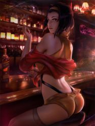 arched_back ass bar_(place) bob_cut cigarette cowboy_bebop demonlorddante faye_valentine from_behind hairband holding holding_cigarette impossible_clothes looking_at_viewer looking_back short_hair short_shorts shorts skindentation smoking solo spread_legs thighs rating:Sensitive score:192 user:danbooru