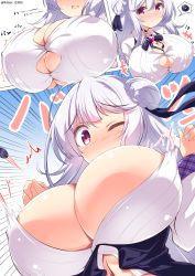 1girl :/ ^^^ ahoge azur_lane blue_bow blush bow bowtie braid braided_bun breast_expansion breasts bursting_breasts button_gap cleavage collared_shirt commission covered_erect_nipples cygnet_(azur_lane) double_bun emphasis_lines female_focus from_below hair_bun hair_ribbon highres huge_breasts impossible_clothes kamishiro_(rsg10679) long_hair long_sleeves looking_at_viewer motion_lines no_bra one_eye_closed open_clothes open_mouth open_shirt outside_border pink_eyes popped_button ribbon sequential shirt signature skeb_commission sound_effects speech_bubble surprised_arms sweat sweatdrop taut_clothes twitter_username upper_body wardrobe_malfunction white_hair white_shirt wince wing_collar rating:Questionable score:137 user:Parcheliam