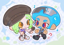  1boy 1girl afro black_hat blue_hair chibi chibi_only closed_mouth commentary dark-skinned_male dark_skin eyewear_on_head fang green_hair hat holding holding_microphone long_hair microphone musical_note nintendo octoling octoling_boy octoling_girl octoling_player_character open_mouth outline red_eyes rongyu1029 short_hair smile sparkle splatoon_(series) star_(symbol) sunglasses tentacle_hair thick_eyebrows v white_outline yellow_eyes 