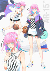 1girl bag ball bare_shoulders basketball basketball_jersey black_bra black_shorts blue_eyes blush bra bra_peek breasts character_name closed_mouth clothes_pull collarbone colored_eyelashes commentary cross-laced_footwear duffel_bag fashion floating_hair girls&#039;_frontline hair_between_eyes hair_ornament half-closed_eyes hand_in_pocket highres holding holding_ball jacket ladic long_hair looking_at_viewer multicolored_hair multiple_views nike_(company) no_socks off-white_(brand) one_side_up open_mouth pastel_colors photoshop_(medium) pink_hair product_placement running short_shorts shorts sidelocks simple_background small_breasts st_ar-15_(girls&#039;_frontline) strap sweat sweatdrop thighs underwear white_background wristband
