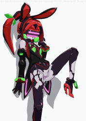 android animal_ears black_theme breasts rabbit_ears cum cum_in_pussy cumdrip doll_joints high_heels highres joints leg_lift mecha_musume musen-shiki_sanhankikan open_clothes open_shirt pantyhose pussy red_hair red_theme robot shirt shoes torn_clothes torn_legwear virtual_on rating:Explicit score:34 user:Nergal