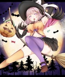 10s 1girl :o alternate_costume arm_up armpits asymmetrical_legwear bare_tree basket bat_(animal) black_gloves black_hat black_ribbon black_skirt blunt_bangs blush bow breasts broom broom_riding brown_footwear brown_hair candy cape crossover danganronpa_(series) danganronpa_2:_goodbye_despair female_focus food food-themed_hair_ornament from_below full_moon gloves grave hair_ornament hairclip halloween hand_on_headwear hand_up hat hat_bow highres jack-o&#039;-lantern kuramira large_breasts letterboxed long_hair looking_at_viewer mary_janes midriff miniskirt mismatched_legwear moon nanami_chiaki navel night night_sky open_mouth orange_thighhighs outdoors pink_eyes pleated_skirt pumpkin pumpkin_hair_ornament purple_bow purple_eyes purple_hair purple_thighhighs ribbon shoes skirt sky solo striped thighhighs tongue tree upskirt white_bow witch_hat