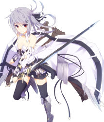 1girl :/ armor armored_boots bare_shoulders black_thighhighs blush boots brown_eyes collarbone detached_collar detached_sleeves grey_footwear hair_ornament hair_ribbon hairclip holding holding_sword holding_weapon looking_at_viewer armored_boots nagishiro_mito original purple_hair ribbon shirt shorts side_ponytail simple_background solo sword thighhighs weapon white_background rating:Sensitive score:30 user:danbooru