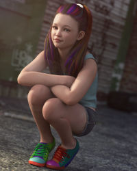  1girl aqua_eyes child crossed_arms highres kneeling long_hair looking_at_viewer multicolored_hair outdoors photorealistic realistic red_hair rezure shorts solo tennis_shoes  rating:Questionable score:9 user:Mahjestic