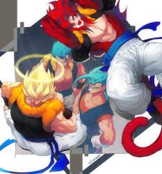  blue_eyes blue_sash blue_wristband closed_mouth dougi dragon_ball dragon_ball_gt dragon_ball_super earrings gloves gogeta halo jewelry long_hair male_focus metamoran_vest monkey_boy monkey_tail multiple_boys multiple_persona muscular muscular_male ommmyoh open_mouth pants potara_earrings red_fur saiyan sash smile spiked_hair super_saiyan super_saiyan_1 super_saiyan_4 super_saiyan_blue tail twitter_username vegetto 
