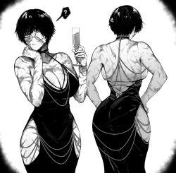  1girl ? absurdres alternate_costume anger_vein ass backboob bandage_over_one_eye bandages breasts champagne_flute cleavage clothing_cutout commentary cup dress drinking_glass english_commentary glass glasses greyscale hands_on_own_hips highres hip_vent holding holding_cup jujutsu_kaisen large_breasts masoq meme_attire modakawa_dress monochrome muscular muscular_female round_eyewear scar short_hair solo strapless strapless_dress zenin_maki  rating:Sensitive score:76 user:danbooru