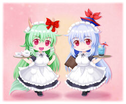  2girls apron blue_hat bow chibi ex-keine full_body green_hair green_tail hat holding holding_plate horn_bow horn_ornament horns kamishirasawa_keine long_hair looking_at_viewer maid multiple_girls pink_background plate puffy_short_sleeves puffy_sleeves red_eyes ryuu-g short_sleeves smile touhou white_apron 