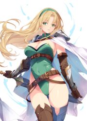  1girl arm_guards armor belt blonde_hair boots breasts brown_belt brown_footwear brown_gloves cape cleavage commentary_request covered_navel cowboy_shot earrings elbow_gloves gloves gluteal_fold green_eyes green_hairband green_leotard hairband highleg highleg_leotard jewelry kirishima_satoshi large_breasts legs_together leotard long_hair looking_at_viewer original paid_reward_available parted_lips pauldrons sheath sheathed shoulder_armor solo standing sword teeth thigh_boots thumbs_up underbust very_long_hair weapon white_cape 