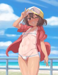  1girl bikini blue_sky breasts brown_eyes brown_hair cleft_of_venus cloud commentary_request day female_focus grin hat highres jacket loli looking_at_viewer micro_bikini navel one-piece_tan one_eye_closed open_clothes open_jacket outdoors red_jacket short_hair sky small_breasts smile solo standing stomach swimsuit tan tanline tenako_(mugu77) white_bikini yamaguchi_mika youkai_watch 