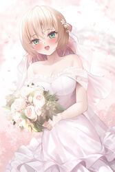  1girl 5pb. blonde_hair blush bouquet breasts bridal_gauntlets cleavage dress flower green_eyes holding holding_bouquet kagamigawa_noelle large_breasts long_hair memories_off memories_off_innocent_fille mujinbensin open_mouth rose smile solo teeth upper_teeth_only wedding_dress white_dress white_flower white_rose 