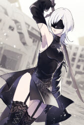  10h_(nier_reincarnation) 1girl bare_shoulders black_blindfold black_dress black_thighhighs blindfold breasts covered_eyes dress garter_straps gloves highres holding holding_sword holding_weapon malt_40 medium_hair nier_(series) nier_reincarnation ruins side_slit small_breasts solo sword thighhighs weapon white_hair 