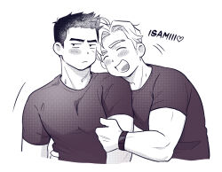  2boys :d ^_^ ao_isami averting_eyes bara blonde_hair blush_stickers character_name closed_eyes couple cropped_torso hand_on_another&#039;s_arm hand_on_another&#039;s_waist head_on_another&#039;s_shoulder heart highres lewis_smith male_focus monochrome multiple_boys muscular muscular_male open_mouth screentones short_hair short_sleeves simple_background smile wasted_m9 watch white_background wristwatch yaoi yuuki_bakuhatsu_bang_bravern 