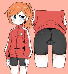  1girl :&lt; akableak ass ass_focus bent_over bike_shorts blue_eyes body_freckles closed_mouth cropped_legs flat_chest freckles frown highres jacket long_hair looking_at_viewer multiple_views orange_hair original pink_background ponytail red_jacket shorts simple_background standing star_(symbol) thigh_gap 