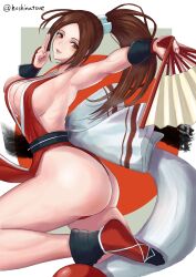1girl ass breasts brown_eyes brown_hair cleavage fan fatal_fury folding_fan hand_fan highres hoshinatsue large_breasts long_hair looking_at_viewer ponytail shiranui_mai sideboob solo